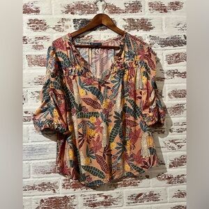 Democracy Blouse Jungle Print Tropical Cheetah Animal Print Leaf Print Boho Sz L